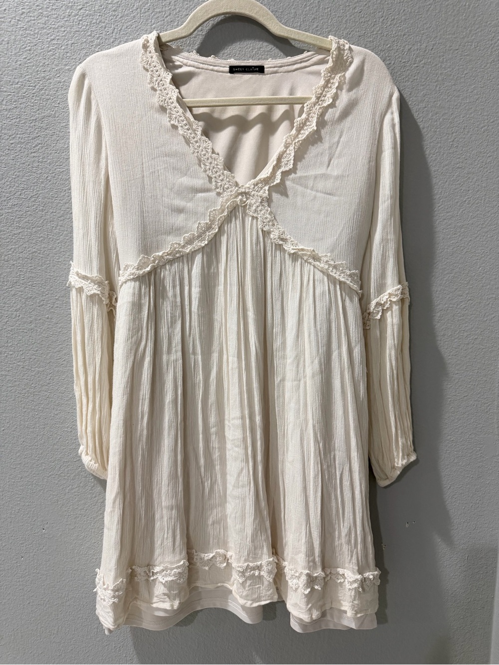 Sweet Claire Cream Ivory Crochet Lace Boho Tunic Dress Size M -H-